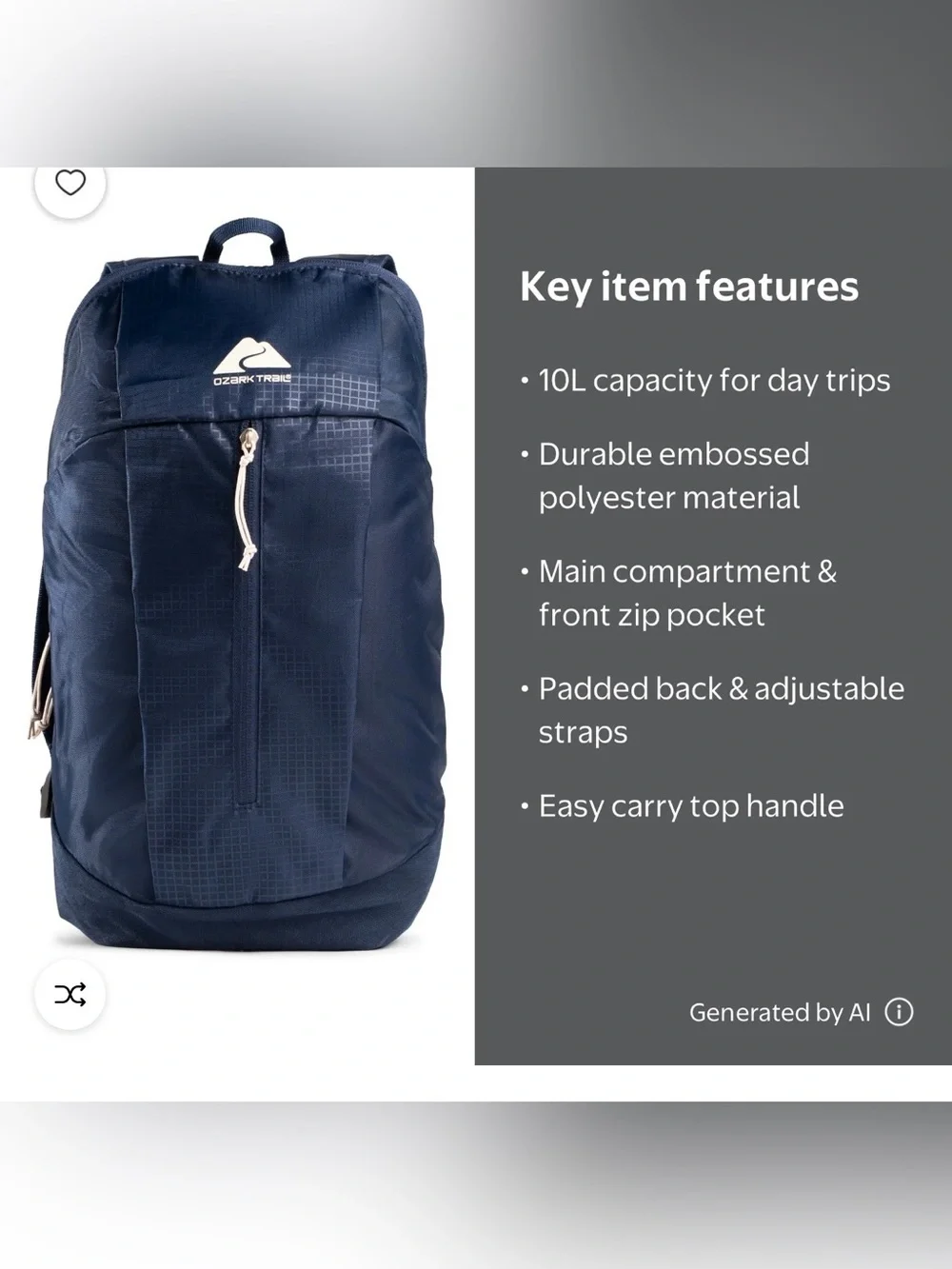 Ozark Trail Navy Lightweight Daypack with Padded Straps
